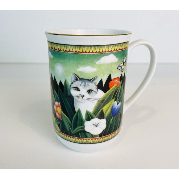Four Seasons Russ Berrie Mug White Gray Cat In Garden Ceramic Coffee Tea Cup 10k - Picture 1 of 4